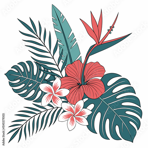 Tropical flowers, palm leaves, jungle leaves, bird of paradise flower, hibiscus, plumeria. Vector flat exotic illustrations	