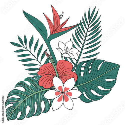 Tropical flowers, palm leaves, jungle leaves, bird of paradise flower, hibiscus, plumeria. Vector flat exotic illustrations	