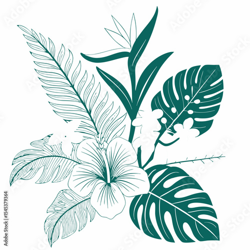 Tropical flowers, palm leaves, jungle leaves, bird of paradise flower, hibiscus, plumeria. Vector flat exotic illustrations	