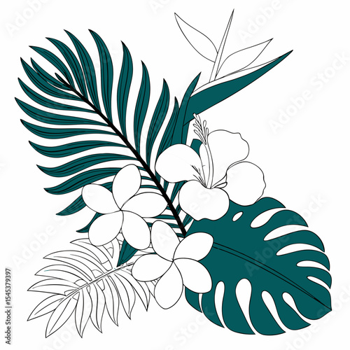 Tropical flowers, palm leaves, jungle leaves, bird of paradise flower, hibiscus, plumeria. Vector flat exotic illustrations	