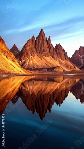 Majestic Mountain Reflection: A stunning view of jagged mountain peaks reflecting in the tranquil water. The peaks are bathed in golden light, under a crisp blue sky.
