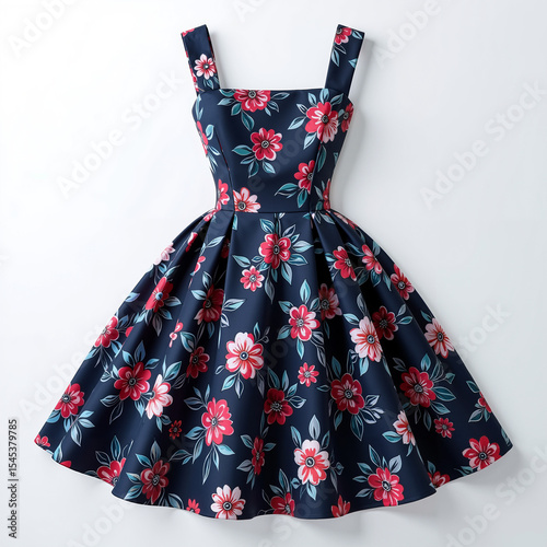 Floral patterned navy dress with square neckline, elegant party wear, copy space