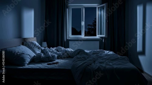 Empty bedroom at night with an open window, an unmade bed, and moonlight entering the dark room for a nightmare concept video.
