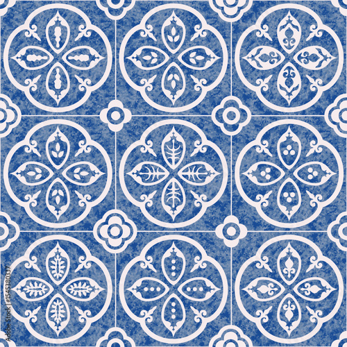 Vector Seamless pattern of blue and white tiles with watercolor texture, geometrical and floral ornaments 