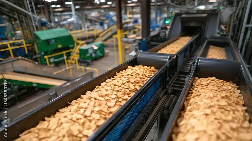 Overhead shot of food factory floor showing a network of conveyors filled with chips, industrial fans cooling the snacks post-frying