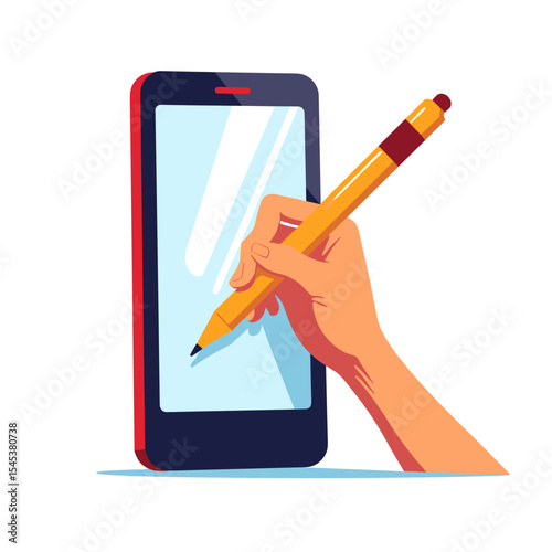 Hand holding stylus pen writing on smartphone screen in vector style  