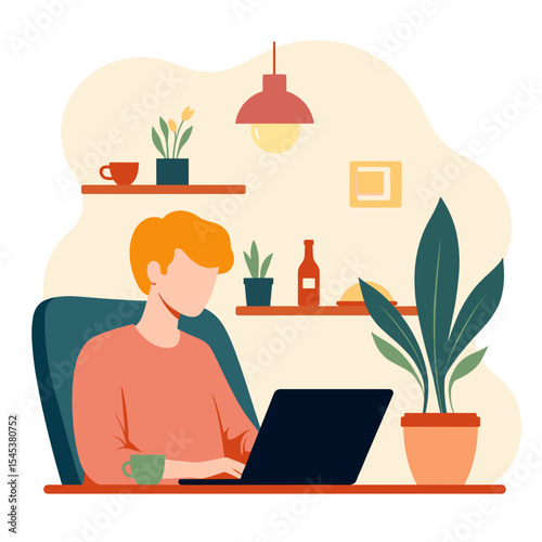 Young man working on laptop at home desk with plants in background  