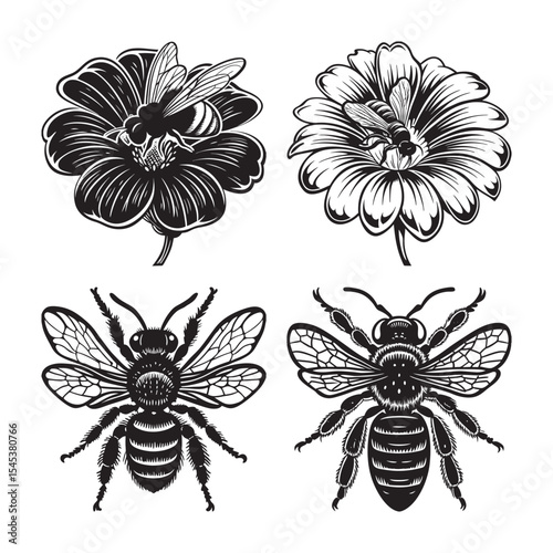 silhouette of insects Bee  bundle on the white background 