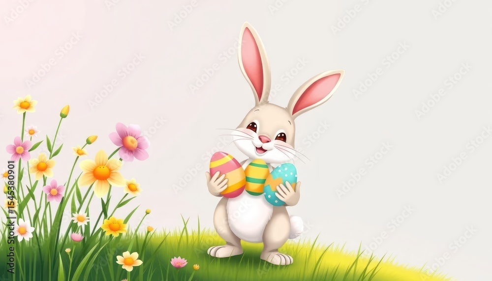 Obraz premium Whimsical Easter bunny with painted eggs in a cheerful meadow setting