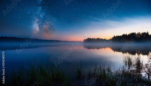 calm foggy lake scape summer night