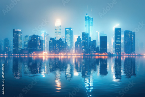 City skyline aglow with skyscrapers' lights at night.