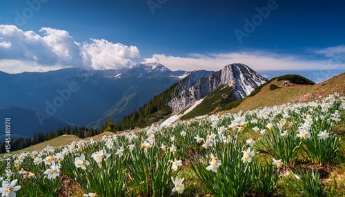 blossom of white daffodil flowers on golica mount slovenia karavanke mountains amazing nature spring landscape with flowering slope stunning alpine peaks and clouds outdoor travel background