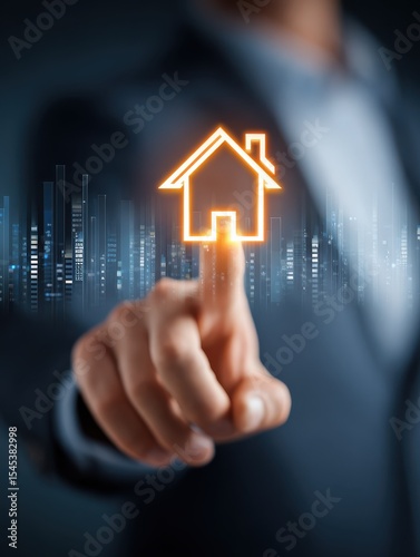 A man uses a virtual house icon to analyze mortgage loan, insurance, interest rates, investment planning, and business real estate, illustrating the concept of real estate investment.