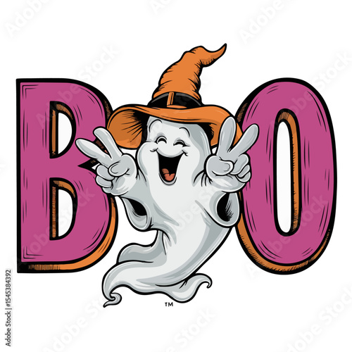 A happy ghost wearing a witchs hat makes a peace sign in front of the word boo