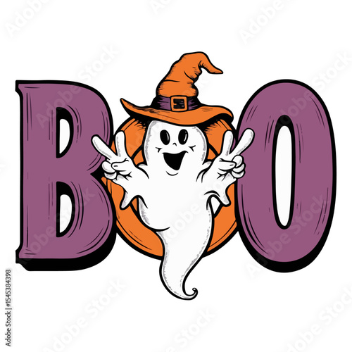 A happy ghost wearing a witchs hat makes a peace sign in front of the word boo