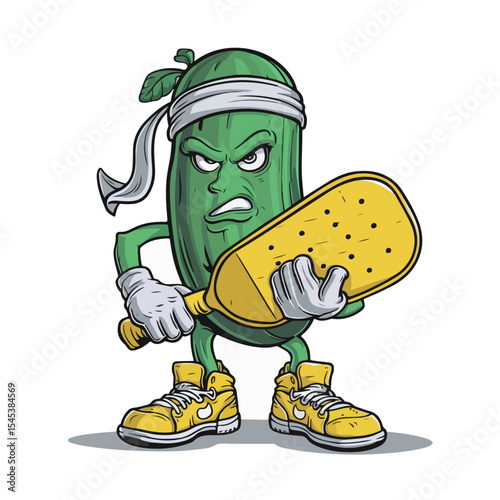A fierce pickle character wearing a headband and holding a tennis racket, ready to play a competitive match