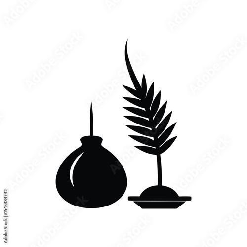 Symbolic Representation of Ritual Objects Pot and Palm Leaf Illustration