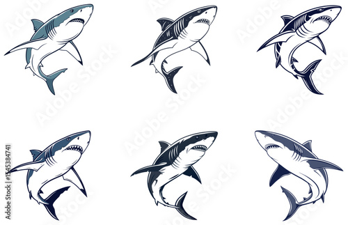 Shark Vector Designs Set Stylish and Fierce Marine Predator Illustrations in Flat Style