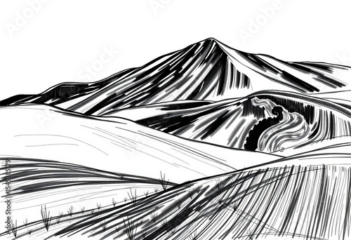 Abstract minimalist monochrome vector landscape sketch featuring stark lines and shapes suggesting hills and sky,  design,  vector art
