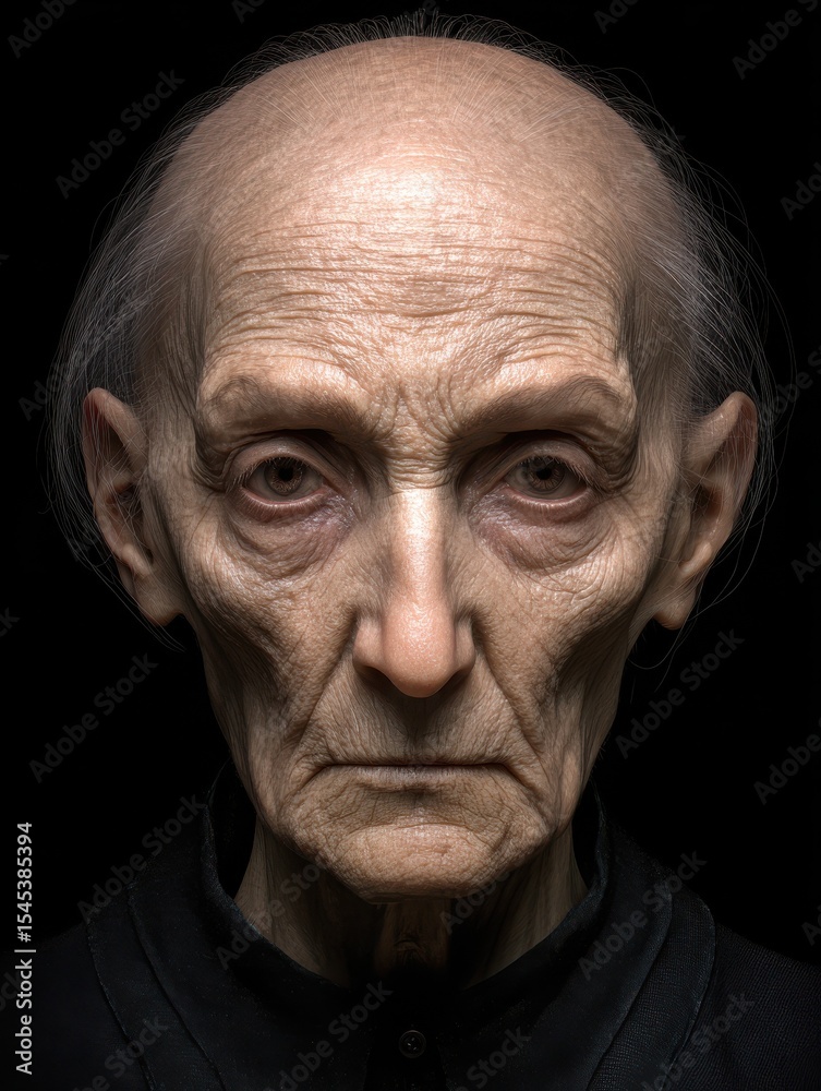 Obraz premium Artistic portrait of an elderly woman with a face without emotions, person with a sick psyche, Parkinson's syndrome, dementia, Alzheimer's