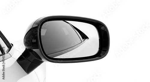 Car Side Mirror Closeup on White Vehicle Body