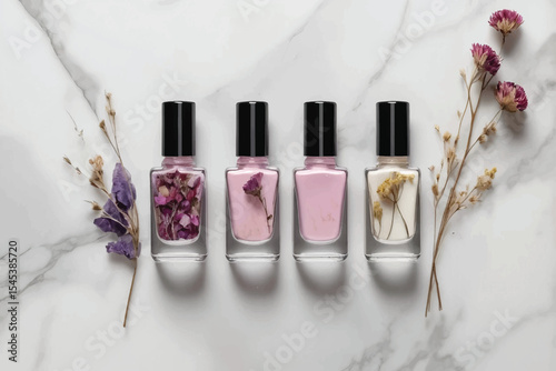Three Nail Polish Bottles with Dried Flowers on Marble