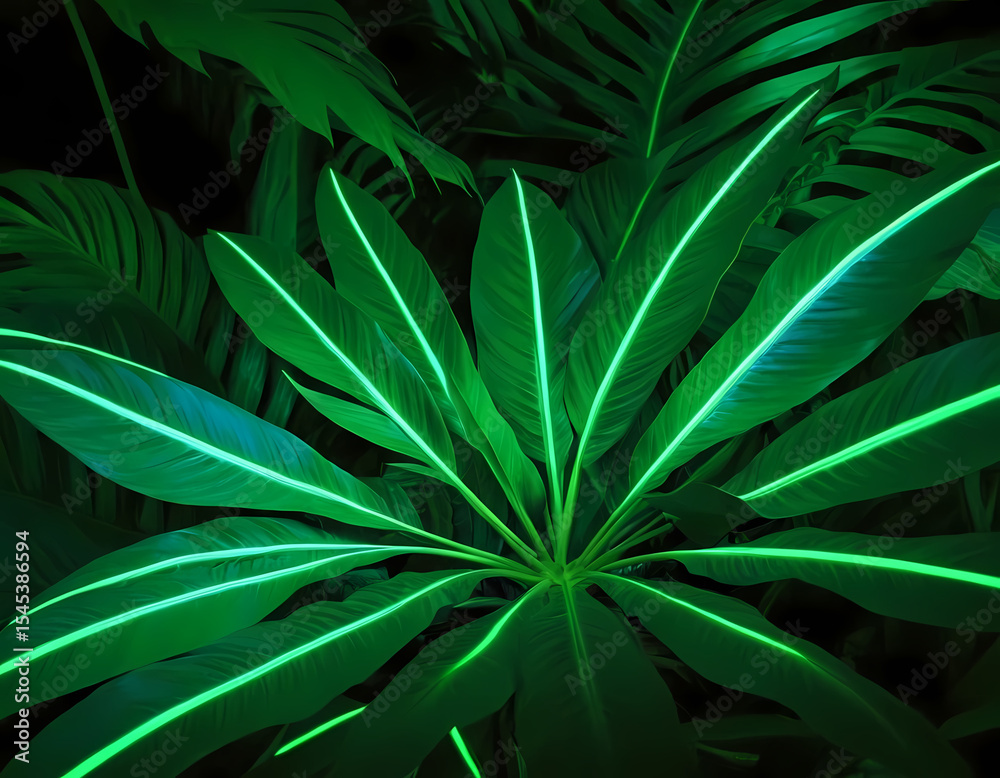 Fototapeta premium green fern leaves background, Green and Blue Neon Light with Tropical Leaves. Abstract neon light leaves background with copy text space
