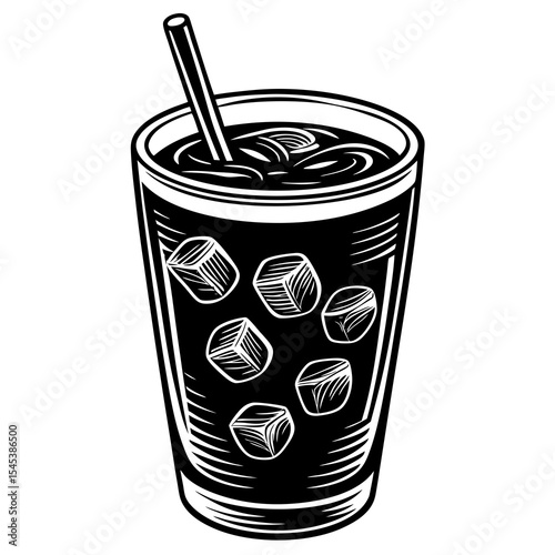 Iced drink in glass with straw and ice cubes isolated on white