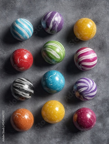 Colorful candy balls are arranged on a gray-black paper background in the format of a horizontal