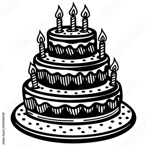 Three tiered cake with candles isolated on white background