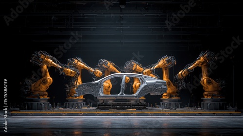 Robotic arms assemble car chassis
