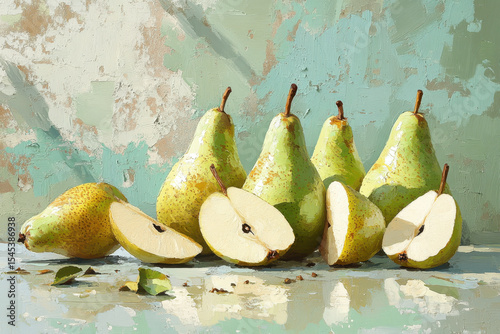 Pears and sliced pear painting depicting a vibrant and detailed still life arrangement captured in rich, lifelike colors on canvas.
