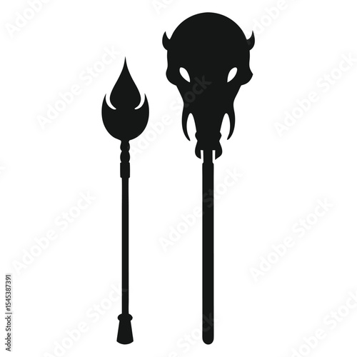 Fiery Torch and Skull Mace Silhouettes of Mythical Weapons