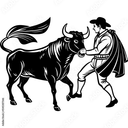 Bullfighter holding a bull isolated on white background