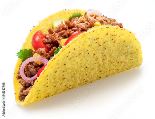 Mexican meat taco or beef stuffed tortilla isolated on white background. File contains clipping path.