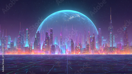 Futuristic Cityscape Purple Neon Skyline Giant Moon