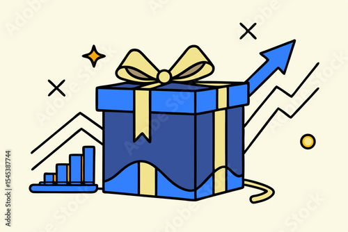Blue gift box financial rise, present with upward trend arrow, market fluctuation graph, business profit, economic recovery, vector art for growth strategy.