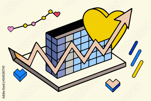 Heart arrow growth graph, economic progress chart, building block structure, business love concept, financial development, vector design for market success.
