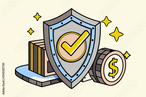Shield financial security, coin and dollar protection, economic safety, business trust, investment guarantee, vector icon for asset defense.