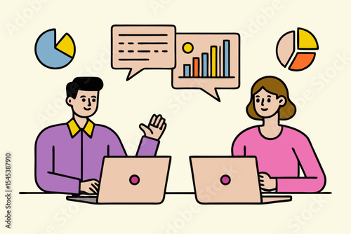 Team business analysis, people with laptops and data chart speech bubbles, market strategy, financial growth, tech partnership, vector art for project success.