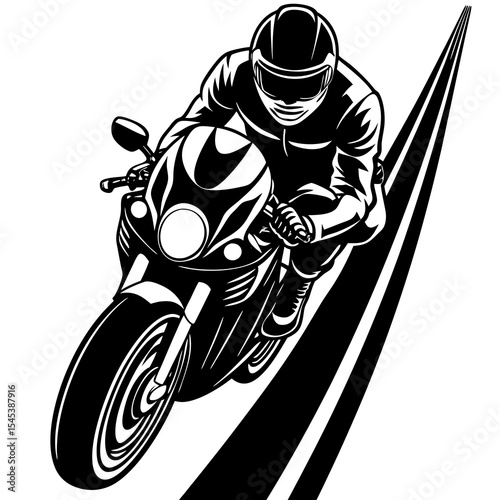 Motorcycle rider speeding on road isolated on white background