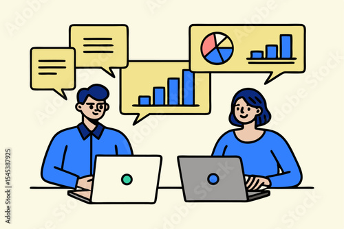 Team data collaboration, people working with laptops and chart speech bubbles, business growth, market analysis, tech partnership, vector illustration for project success.