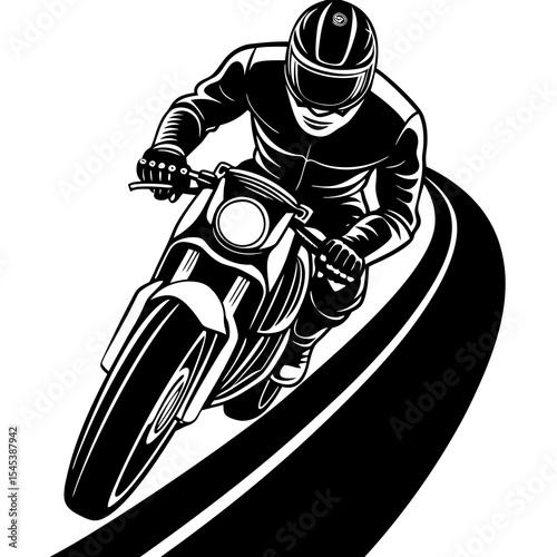 Motorcycle rider in helmet speeding on curved road isolated on white