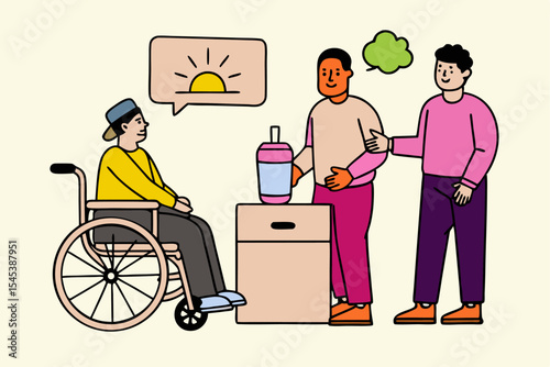 Inclusive workplace care, people with wheelchair and sun speech bubble, human empathy, team support, social responsibility, vector illustration for community success.