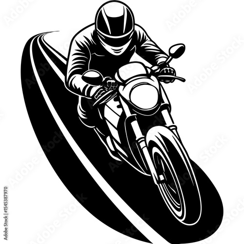 Motorcycle rider speeding on curved road isolated on white background