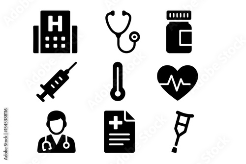Solid medical icons featuring hospital, heart rate, syringe, thermometer, clipboard, medicine, doctor, and crutch symbols.