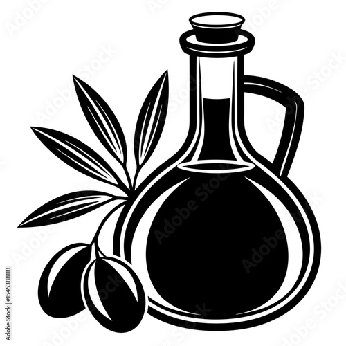 Olive oil bottle with olives and branch isolated on white background
