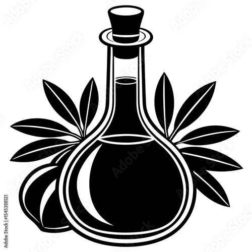 Olive oil bottle with olives and leaves isolated on white background