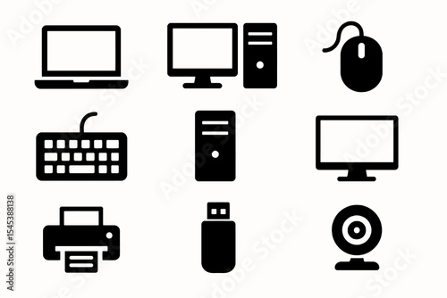 Computer equipment icon set with monitor, keyboard, mouse, printer, flash drive, and webcam in solid black vector style.