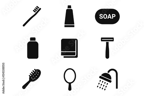 Personal hygiene icon pack featuring toothbrush, soap, razor, shampoo, mirror, towel, and shower head in clean vector design.